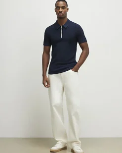 Navy Muscle Fit Ribbed Quarter Zip Polo Shirt