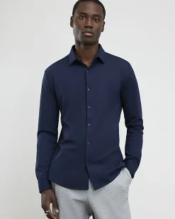 Navy Muscle Fit Stretch Pique Smart Shirt