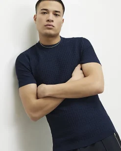 Navy Muscle Fit Zig Zag Textured T-Shirt