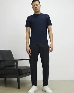 Navy Muscle Fit Zig Zag Textured T-Shirt
