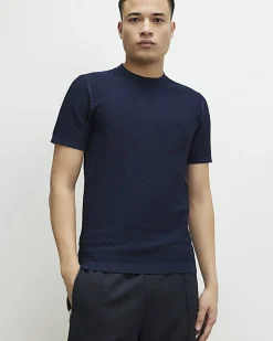 Navy Muscle Fit Zig Zag Textured T-Shirt