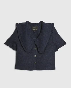Navy Oversized Collar Boucle Top