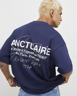 Navy Oversized Fit Heavyweight Print T-Shirt