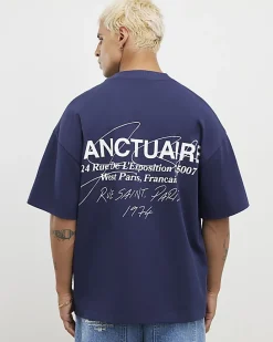 Navy Oversized Fit Heavyweight Print T-Shirt