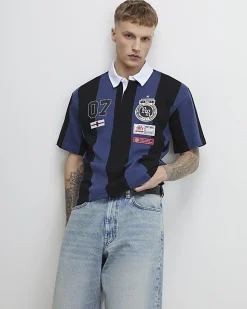 Navy Oversized Fit Striped Rugby Shirt