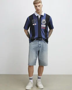 Navy Oversized Fit Striped Rugby Shirt
