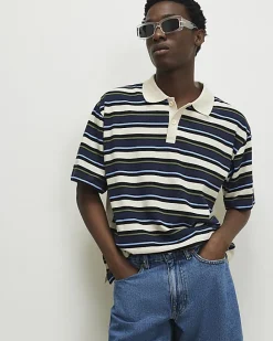 Navy Oversized Fit Stripe Polo Shirt