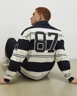 Navy Oversized Fit Stripe Rugby Polo Shirt