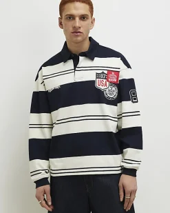 Navy Oversized Fit Stripe Rugby Polo Shirt