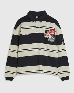 Navy Oversized Fit Stripe Rugby Polo Shirt