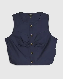 Navy Petite Ruched Poplin Waistcoat