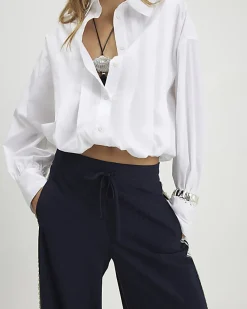 Navy Pinstripe Crochet Side Stripe Joggers