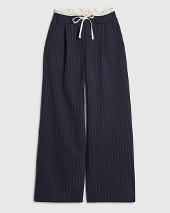 Navy Pinstripe Drawstring Wide Leg Trousers