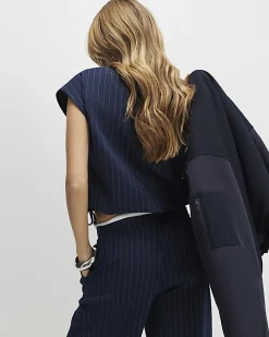 Navy Pinstripe Tie Side Bubble Hem Top