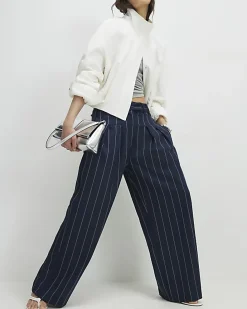 Navy pinstripe wide leg trousers