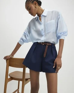 Navy Plaited Belt Tailored Shorts