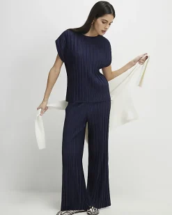 Navy Plisse Short Sleeve Top