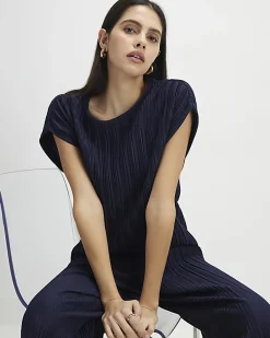 Navy Plisse Short Sleeve Top