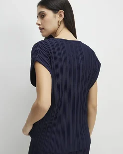 Navy Plisse Short Sleeve Top