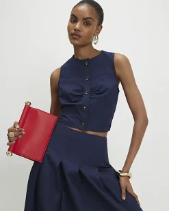 Navy Poplin Ruched Waistcoat