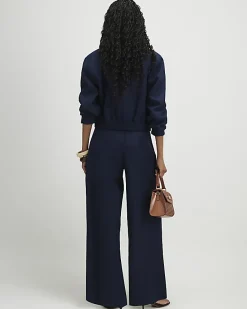 Navy Raffia Belted Tailored Wide Leg Trousers