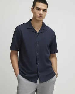 Navy Regular Fit Texture Revere Shirt