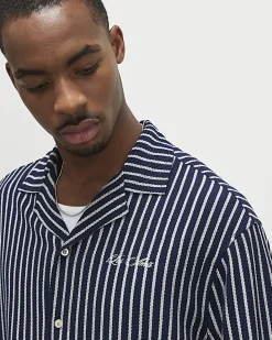 Navy Regular Fit Textured Stripe Shirt