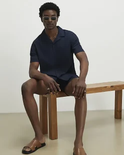 Navy Regular Fit Textured Shirt & Short Set