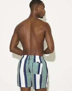 Navy Regular Length Stripe Swim Shorts