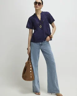 Navy Short Sleeve Lace Button Through Blouse