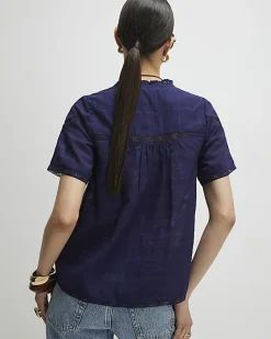 Navy Short Sleeve Lace Button Through Blouse