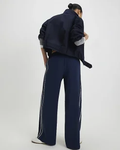 Navy Side Stripe Drawstring Wide Leg Joggers