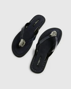 Navy Silver Hardware Toe Thong Flat Sandals