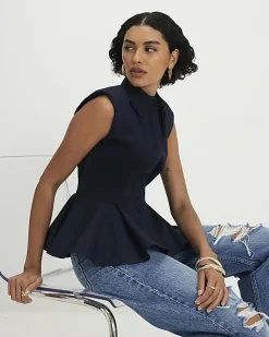 Navy Sleeveless Peplum Shirt