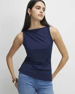 Navy Sleeveless Slash Neck Top