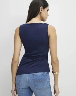 Navy Sleeveless Slash Neck Top
