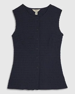 Navy Sleeveless Textured Button Through Top