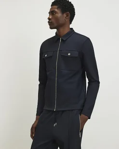 Navy Slim Fit Pique Shacket And Joggers Set