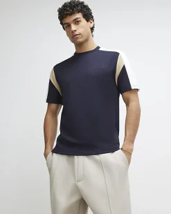 Navy Slim Fit Shoulder Colour Block T-Shirt