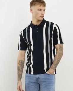 Navy Slim Fit Stripe Texture Polo Shirt