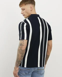 Navy Slim Fit Stripe Texture Polo Shirt