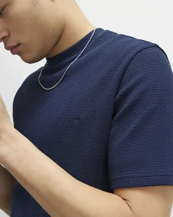 Navy Slim Fit Textured Crew Neck T-Shirt