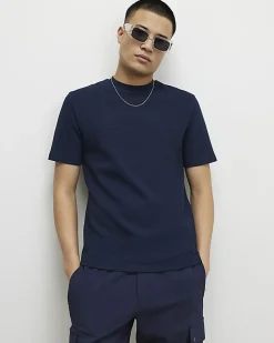 Navy Slim Fit Textured Crew Neck T-Shirt