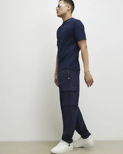 Navy Slim Fit Textured Crew Neck T-Shirt