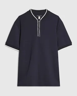 Navy Slim Fit Textured Tipped Baseball Top