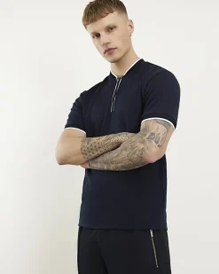 Navy Slim Fit Textured Tipped Baseball Top