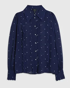 Navy Spot Print Scallop Detail Chiffon Shirt