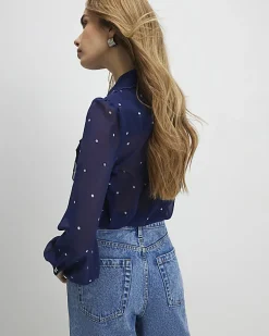 Navy Spot Print Scallop Detail Chiffon Shirt