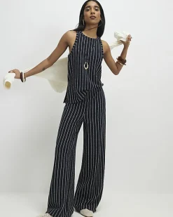 Navy Stripe Wide Leg Joggers