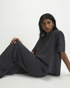 Navy Striped Wide Leg Trousers